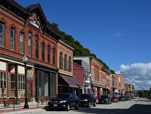 Main street scene with brick buildings