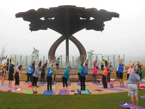 Yoga class in sculpture park