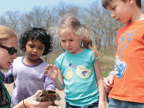 AmeriCorps conservationist with school-aged kids looking at turtle