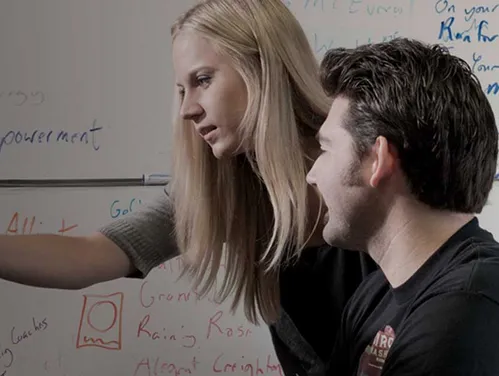 People at a computer in front of whiteboard covered with notes