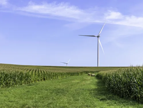 Iowa farm with wind turbines in background