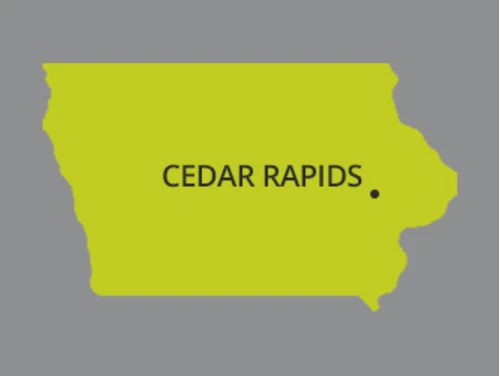 Green map of Iowa with Cedar Rapids pinpointed