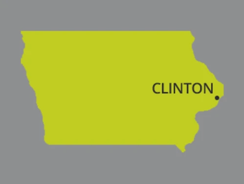 Map of Iowa with dot identifying the city of Clinton