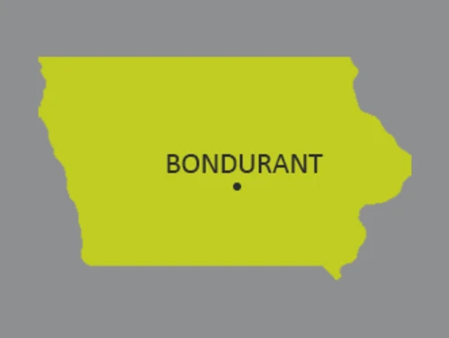 Map of Iowa with dot identifying the city of Bondurant