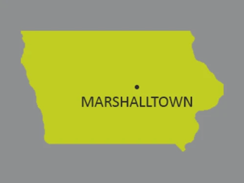 Map of Iowa with dot identifying the city of Marshalltown