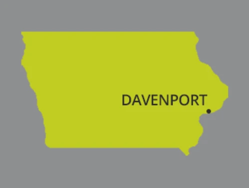 Map of Iowa with dot identifying the city of Davenport
