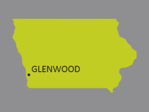 Map of Iowa with dot identifying the city of Glenwood