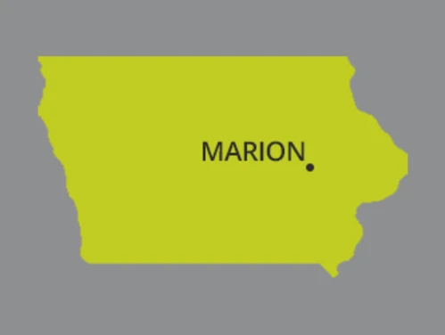 Map of Iowa with dot identifying the city of Marion