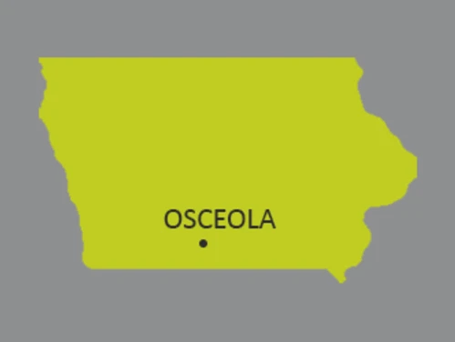Map of Iowa outline with dot on the city of Osceola