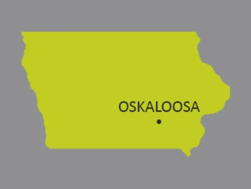 Map of Iowa with dot identifying the city of Oskaloosa