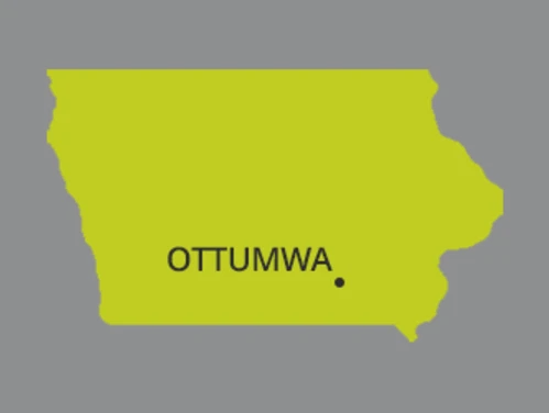 Map of Iowa with dot identifying the city of Ottumwa