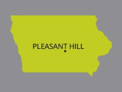 Map of Iowa with dot identifying the city of Pleasant Hill