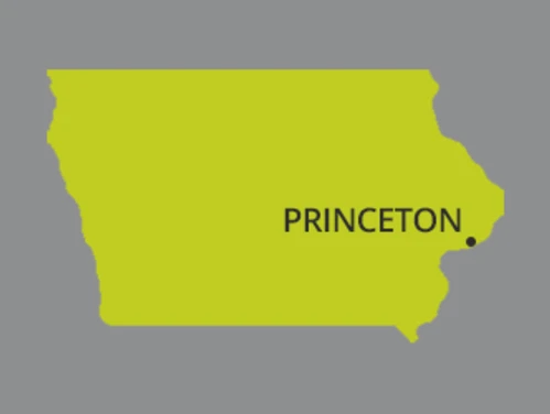 Map of Iowa with dot identifying the city of Princeton