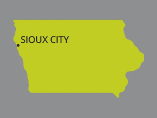 Map of Iowa with dot identifying the city of Sioux City