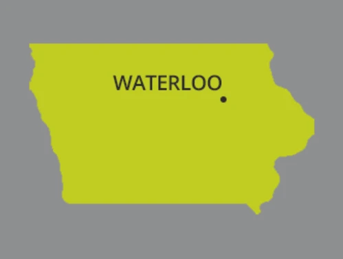 Map of Iowa with dot identifying the city of Waterloo