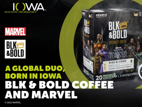 A Global Duo, Born in Iowa BLK & Bold Coffee and Marvel with Wakanda Forever Rise and GRND blend shown along with the BLK & Bold and Marvel logos
