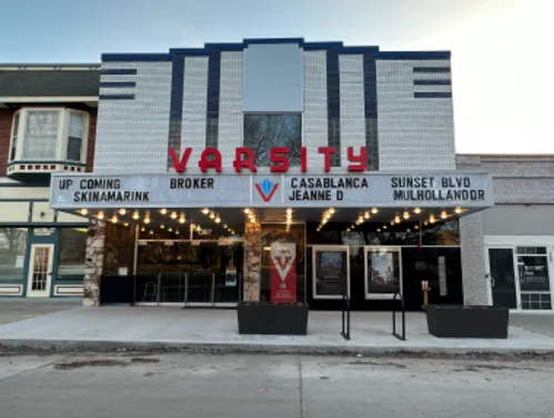 Exterior of the Varsity Cinema showing current and upcoming attractions