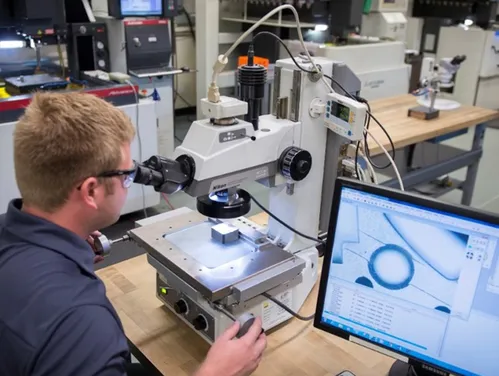 Man looking into a microscope while details show on the monitor of the computer next to him
