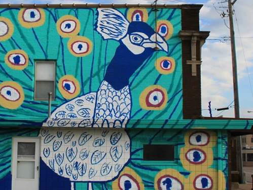 Mural of a peacock on the side of a building
