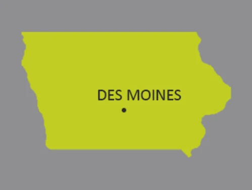 Map of Iowa with dot showing where Des Moines is