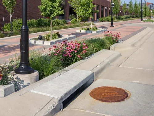 Street gutter with landscape surrounding.