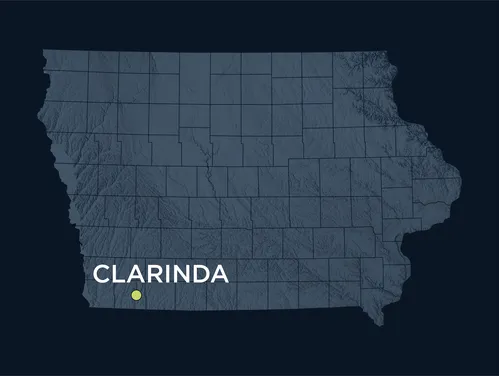 Map of Iowa showing the location of Clarinda, Iowa.