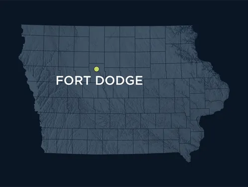 Map of Iowa showing the location of Fort Dodge, Iowa.