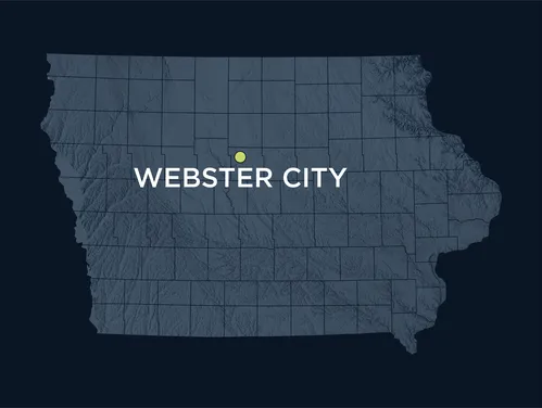 Map of Iowa showing the location of Webster City, Iowa.