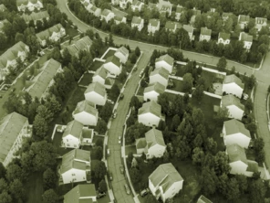 aerial shot of a typical suburban neighborhood with intersecting streets