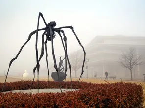 sculpture of a spider in the fog
