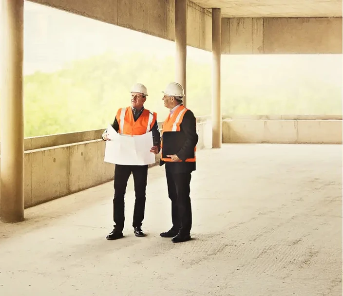 two people look at blueprints at a construction site