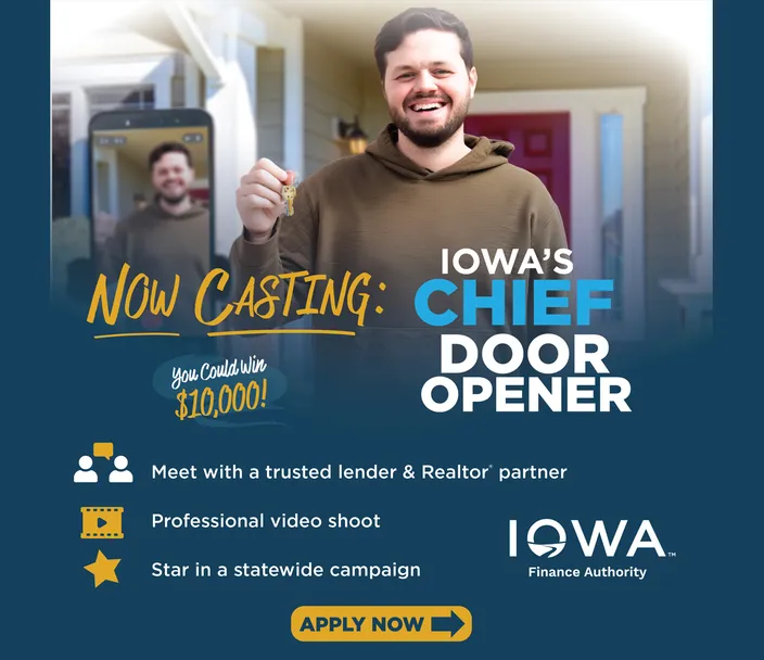 person standing in front of a home holding keys with text overlay about the chief door opener contest