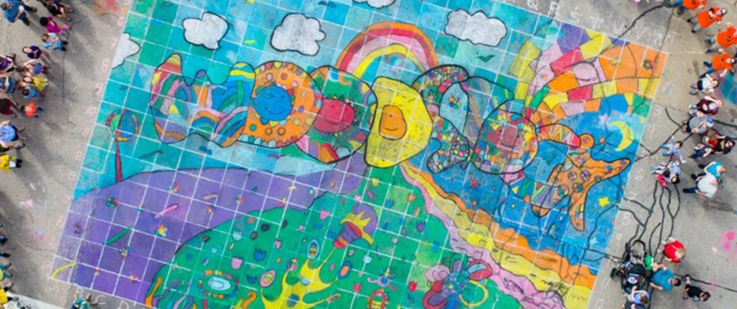 An overhead view of sidewalk art