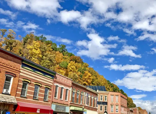 street view of historic buildings in a downtown area