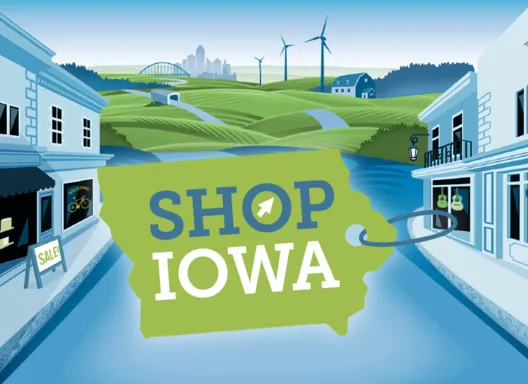 Shop Iowa logo with main street behind