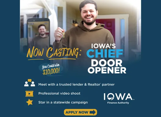 person standing in front of a home holding keys with text overlay about the chief door opener contest