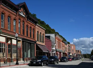 Main street scene with brick buildings