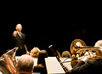 Orchestra musicians with a conductor