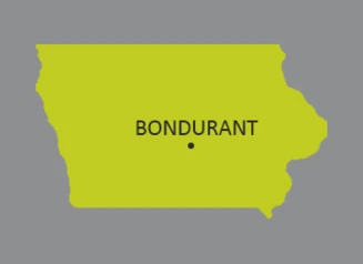 Map of Iowa with dot identifying the city of Bondurant