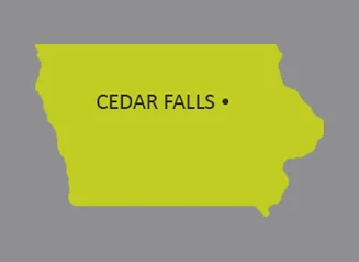 Map of Iowa with dot identifying the city of Cedar Falls