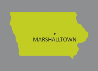 Map of Iowa with dot identifying the city of Marshalltown
