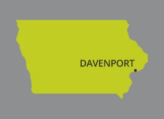 Map of Iowa with dot identifying the city of Davenport