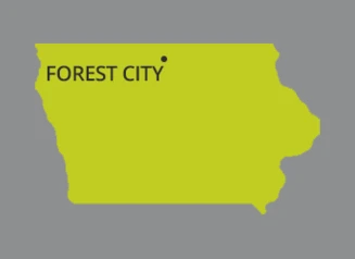 Map of Iowa with dot identifying the city of Forest City