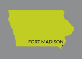 Map of Iowa with dot identifying the city of Fort Madison