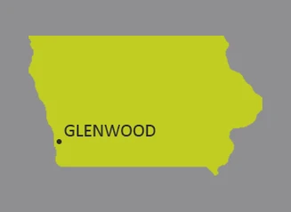 Map of Iowa with dot identifying the city of Glenwood
