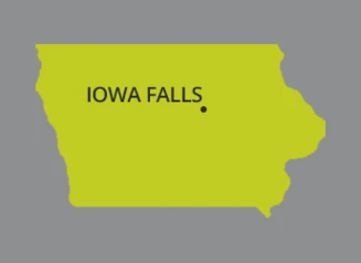 Map of Iowa with dot identifying the city of Iowa Falls