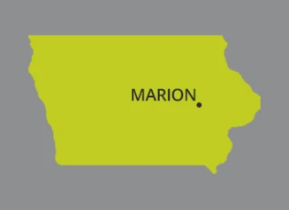 Map of Iowa with dot identifying the city of Marion