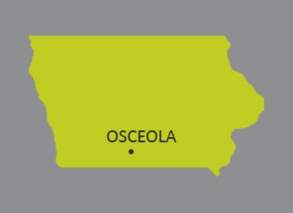 Map of Iowa outline with dot on the city of Osceola