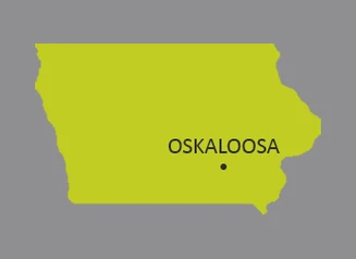 Map of Iowa with dot identifying the city of Oskaloosa