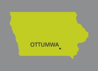 Map of Iowa with dot identifying the city of Ottumwa